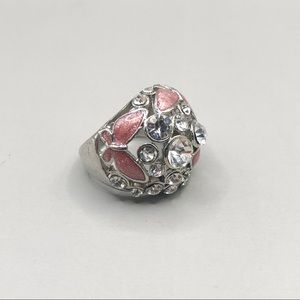 Silver Tone and Pink Butterfly Dome Rhinestone Chunky Fashion Ring Size 8
